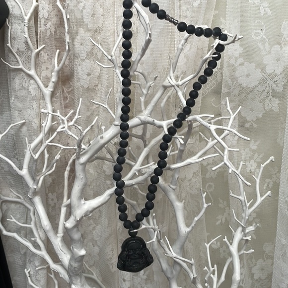 Matt Unisex Black Obsidian Carved Laughing Buddha Pendant Necklace - Picture 6 of 6